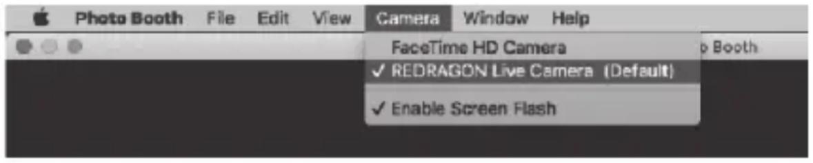 Photo Booth File Edit View Camera Window Help FaceTime HD Camera ✓ REDRAGON Live Camera (Default) ✓ Enable Screen Flash