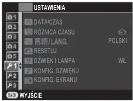 USTAWIENIA DATA/CZAS RÓŻNICA CZASU 高語/LANG. Polski RESETUJ DźWIĘK I LAMPA WŁ. KONFIG. DźWIĘKU KONFIG. EKRANU WYJŚCIE