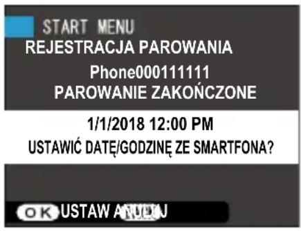 START MENU REJESTRACJA PAROWANIA Phone000111111 PAROWANIE ZAKOŃCZONE 1/1/2018 12:00 PM USTAWIĆ DATĘ/GODZINĘ ZE SMARTFONA? OK USTAW ANDUJ