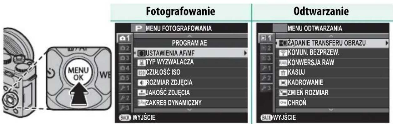 Fotografowanie Odtwarzanie MENU FOTOGRAFOWANIA PROGRAM AE JUSTAWIENIA AF/MF TYP WYZWALACZA CZUŁOŚĆ ISO ROZMIAR ZDJĘCIA JAKOŚĆ ZDJĘCIA ZAKRES DYNAMICZNY WYJŚCIE MENU ODTWARZANIA ŻADANIE TRANSFERU OBRAZU KOMUN. BEZPRZEW. KONWERSJA RAW KASUJ KADROWANIE ZMIEŃ ROZMIAR CHRON WYJŚCIE