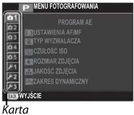 MENU FOTOGRAFOWANIA PROGRAM AE USTAWIENIA AF/MF TYP WYZWALACZA CZUŁOŚĆ ISO ROZMIAR ZDJĘCIA JAKOŚĆ ZDJĘCIA ZAKRES DYNAMICZNY WYJŚCIE Karta