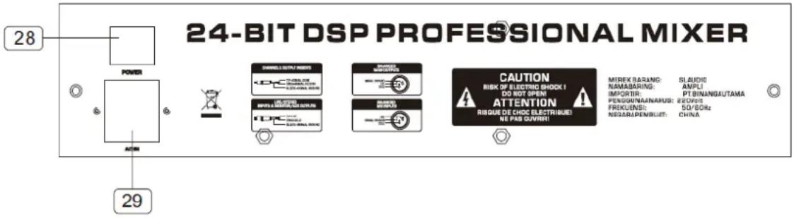 28 POWER 29 24-BIT DSP PROFESSIONAL MIXER SHARELL STAY INSERTS COCOLIUS COCOLIUS COCOLIUS COCOLIUS CAUTION RISK OF ELECTRIC SHOCK I DO NOT OPEN! ATTENTION RIQUE DE CHOC ELECTRIQUE! NE PAS GOURCH! MIREX RARING: NAMABARING: IMPORTIR: PENGUN/NAJANAKUS: EEVOS FREKSIENSI: NEGARAPENBURST: CHINA