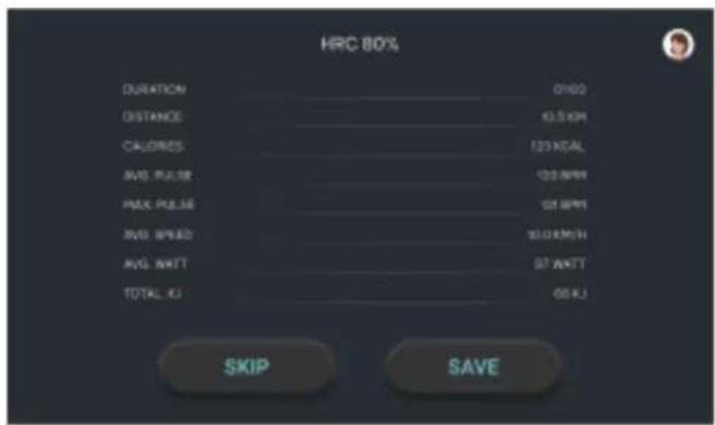 HRC 80% DURATION 0100 DISTANCE 42.5KW CALORIES 123KDAL AVG. PULSE 123MPW PAX. PULSE 97MPW AVG. SPEED 100KWH AVG. INKTT 97 INKTT TOTAL KI 60KJ SKIP SAVE