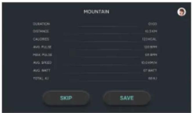 MOUNTAIN DURATION 0100 DISTANCE 40.5KW CALORIES 123KCAL AVG. PULSE 128KW MAX. PULSE 58KW AVG. SPEED 10.0KW/SH AVG. NATT 07 KWTT TOTAL: KJ 66.6J SKIP SAVE