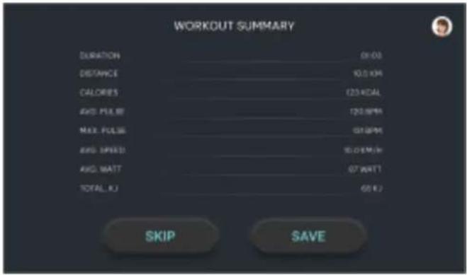 WORKOUT SUMMARY DURATION 01:03 DISTANCE 10.5 KPM CALORIES 125 KDAI AWG PULSE 120 RPM MAX PULSE 61 RPM AWG SPEED 10.5 RPM AWG WATT 07 WATT TOTAL KJ 68 KJ SKIP SAVE