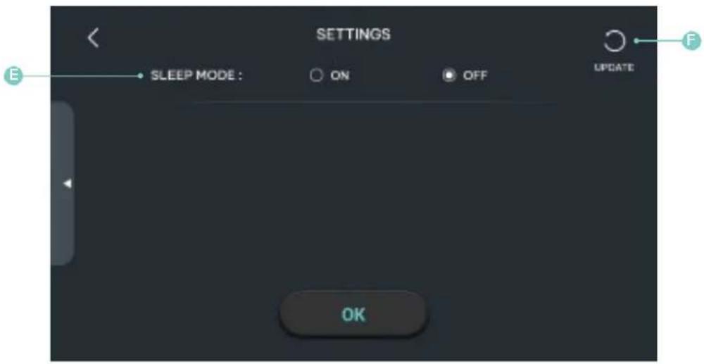 SETTINGS SLEEP MODE : ON OFF UPDATE OK