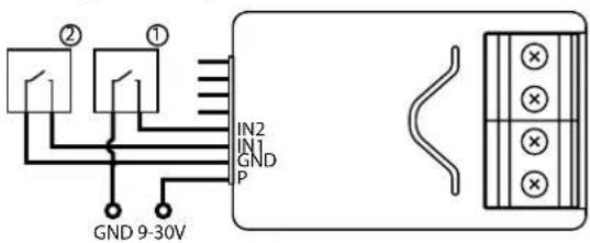 ② ① GND 9-30V IN2 IN1 GND P