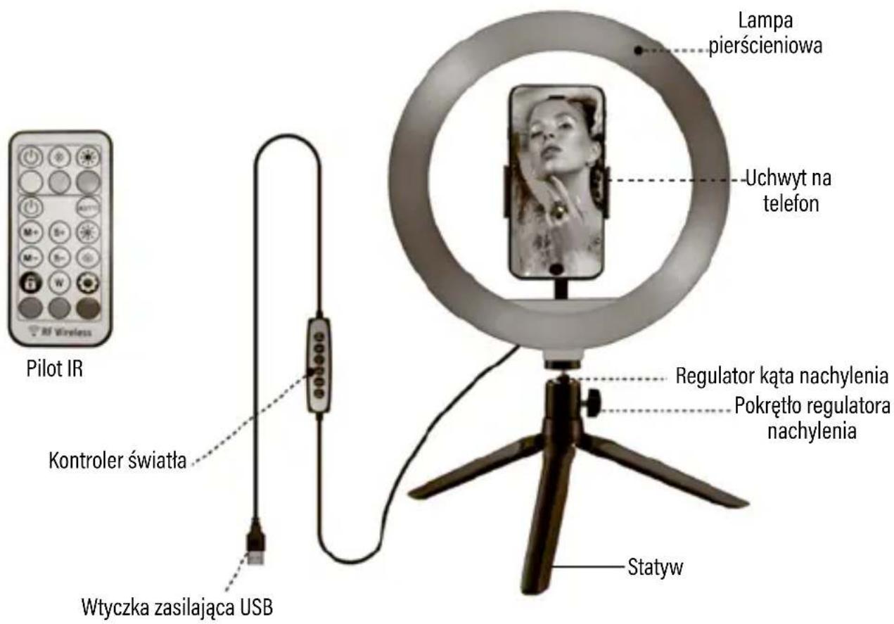 Pilot IR Kontroler światła Wtyczka zasilająca USB Lampa pierścieniowa Uchwyt na telefon Regulator kąta nachylenia Pokrętło regulatora nachylenia Statyw