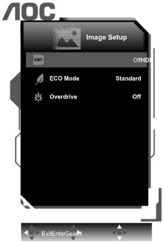 AOC Image Setup HDR OffHDI ECO Mode Standard Overdrive Off ExitEnterSelect