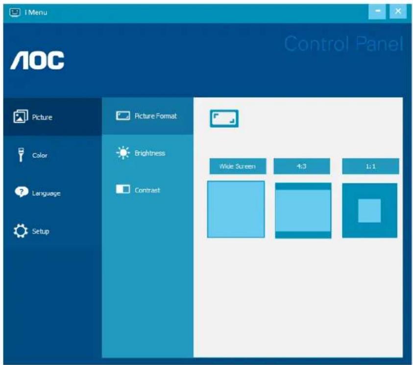 I Menu AOC Control Panel Picture Picture Format Color Brightness Contrast Language Setup Wide Screen 4:3 1:1
