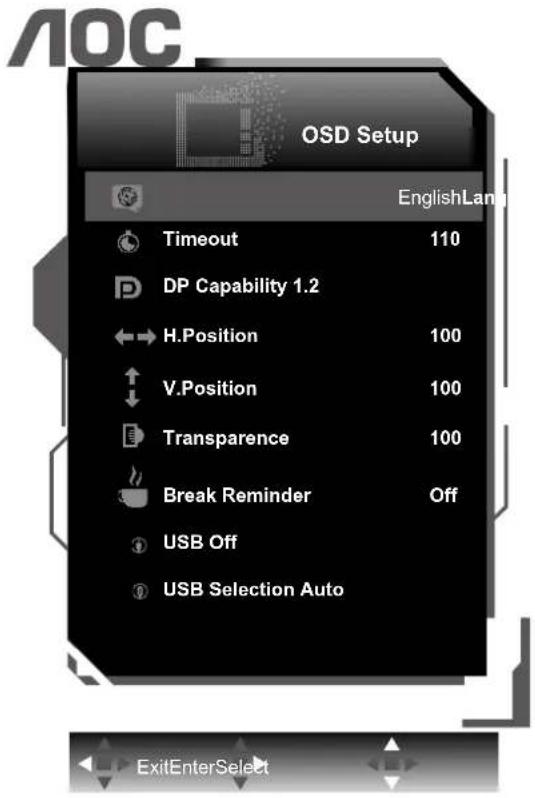 AOC OSD Setup EnglishLan Timeout 110 DP Capability 1.2 H.Position 100 V.Position 100 Transparence 100 Break Reminder Off USB Off USB Selection Auto ExitEnterSelect