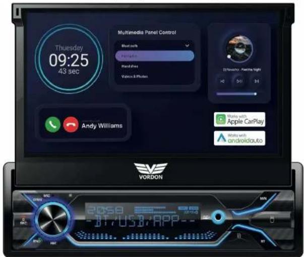 Thursday 09:25 43 sec Multimedia Panel Control Bluetooth Flashbox Randomize Values & Phones STevensky - Paint the light × 5Hz 3H Andy Williams Works with Apple CarPlay Works with androidauto VORDON MCE 2050 DT/USB:APP BND BNT MT