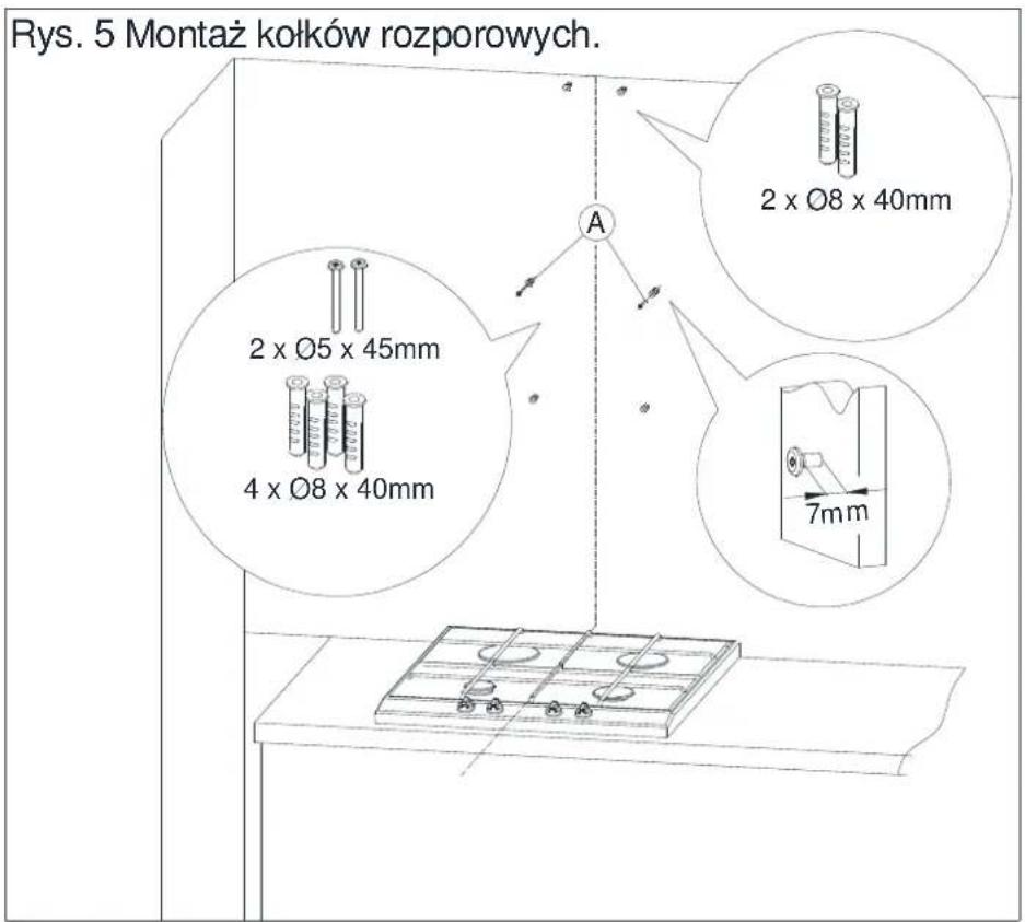 Rys. 5 Montaż kołków rozporowych. 2 x Ø8 x 40mm 2 x Ø5 x 45mm 4 x Ø8 x 40mm 7mm