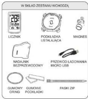 W SKŁAD ZESTAWU WCHODZĄ LICZNIK PODKŁADKA USTALAJĄCA MAGNES NADAJNIK BEZPRZEWODOWY PRZEWÓD LADOWANIA MICRO USB GUMOWY ORING GUMOWE PODKŁADKI PASKI ZIP