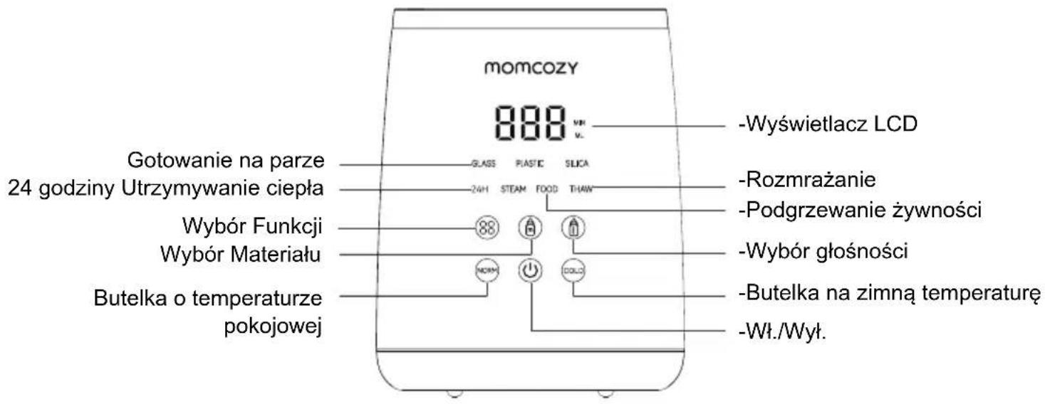 momcozy 888 VH - Wyświetlacz LCD Gotowanie na parze 24 godziny Utrzymywanie ciepła Wybór Funkcji Wybór Materiału Butelka o temperaturze pokojowej GLASS PLASTIC SLICA 24H STEAM FOOD THAW 88 🔒 🔒 NORM ● ● - Rozmrażanie - Podgrzewanie żywności - Wybór głośności - Butelka na zimną temperaturę -Wt./Wył.