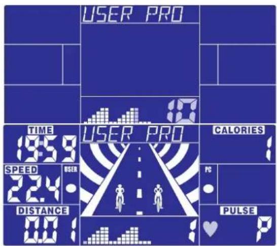 USER PRO TIME 19:5.8 SPEED 22.4 DISTANCE 0.0 USER PRO CALORIES PC PULSE