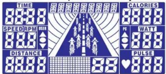 TIME 88:88 SPEED RPM USER 88:8 CALORIES 88:88 PC WATT 88:8 DISTANCE 88:88 PULSE 88:88