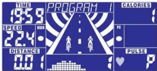 TIME 195.8 SPEED 224 DISTANCE 00:0 PROGRAM USER PC PULSE CALORIES