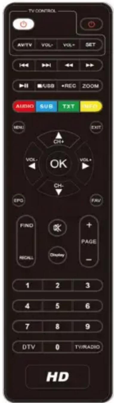 TV CONTROL AV/TV VOL- VOL+ SET USB +REC ZOOM AUDIO SUB TXT INFO MENU EXIT CH+ VOL- OK VOL+ CH- EFG FAV FIND + RECALL Display PAGE - 1 2 3 4 5 6 7 8 9 DTV 0 TV/RADIO HD