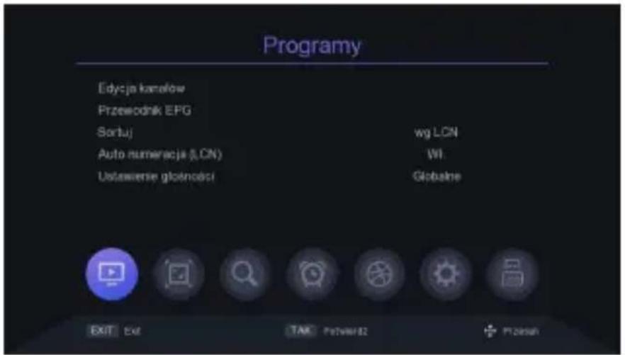 Programy Edycja kanałów Przewodnik EPG Sortuj wg LCN Auto numeracja (LON) WII Ustawienie głotności Globalne EXIT Ext TAX PRTM/82 FTDAH