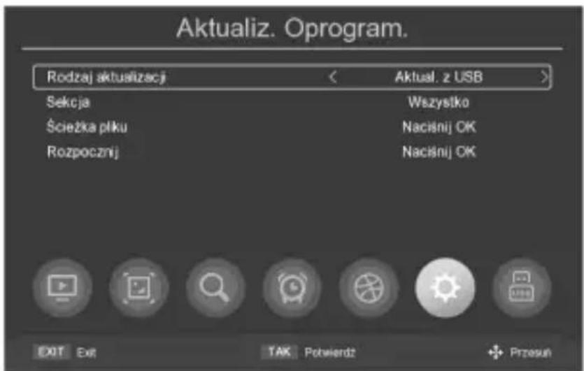 Aktualiz. Oprogram. Rodzaj aktualizacji < Aktual. z USB > Sekcja Ścieżka płku Rozpocznij Wszystko Naciśnij OK Naciśnij OK EXIT Exit TAK Potwierdz Przesuń
