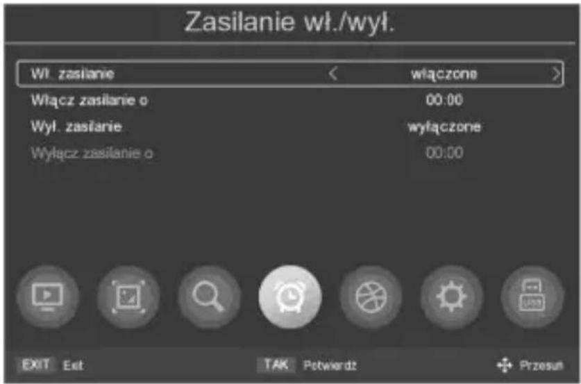 Zasilanie wł./wył. Wł. zasilanie Włącz zasilanie o Wyl. zasilanie Wyłącz zasilanie o włączone 00:00 wyłączone 00:00 EXIT Ext TAK Potwierdz Przesun