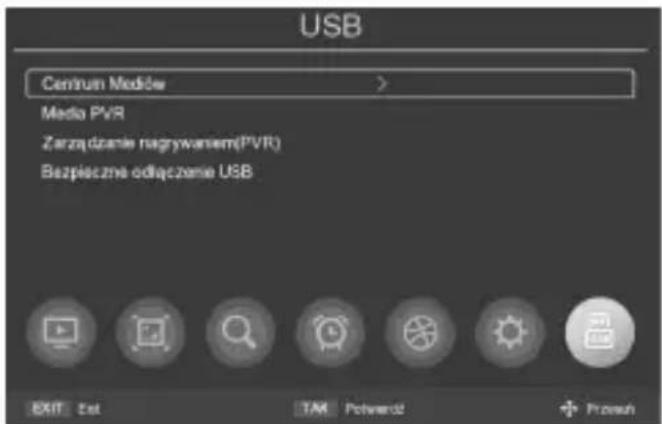 USB Centrum Media Media PVR Zarzadzanie nagrywaniem(PVR) Bezpieczne odlączenie USB EXIT Ext TAM Potwardz Provech