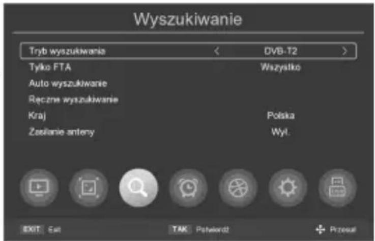 Wyszukiwanie Tryb wyszukiwania < DVB-T2 > Tylko FTA Auto wyszukiwanie Ręczne wyszukiwanie Kraj Zasilanie anteny Wszytako Polska Wyt. EXIT Exit TAK Pshakordz Przeus