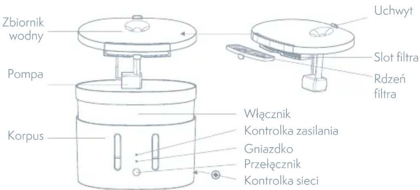 Zbiornik wodny Uchwyt Slot filtra Pompa Rdzeń filtra Korpus Włącznik Kontrolka zasilania Gniazdko Przełącznik Kontrolka sieci