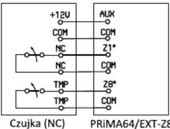 +12V COM NC NC TMP TMP AUX COM Z1* COM Z8* COM Czujka (NC) PRiMA64/EXT-Z8