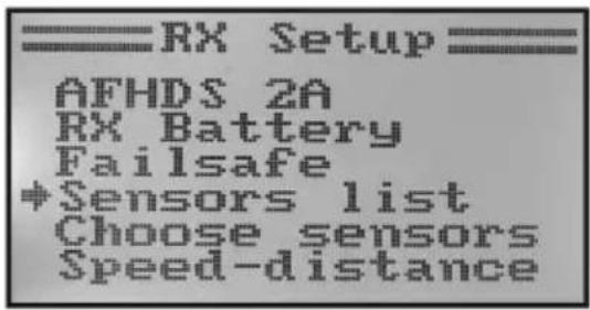 RX Setup AFHDS 2A RX Battery Failsafe +Sensors list Choose sensors Speed-distance