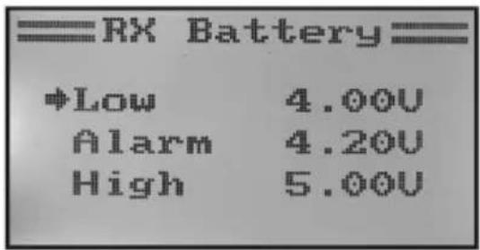 RX Battery ◆Low 4.00U Alarm 4.20U High 5.00U