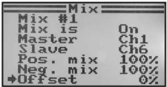 Mix Mix #1 Mix is On Master Ch1 Slave Ch6 Pos. mix 100% Neg. mix 100% +Offset 0%