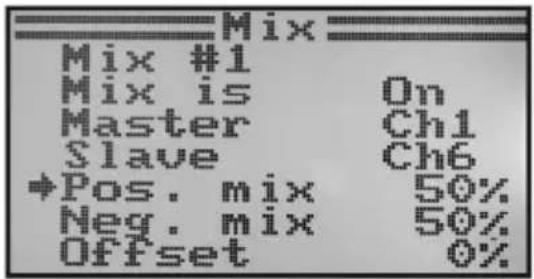 Mix Mix #1 Mix is On Master Ch1 Slave Ch6 →Pos. mix 50% Neg. mix 50% Offset 0%