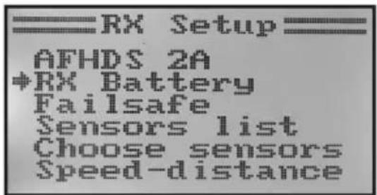 RX Setup AFHDS 2A +RX Battery Failsafe Sensors list Choose sensors Speed-distance