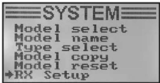 SYSTEM Model select Model name Type select Model copy Model reset +RX Setup