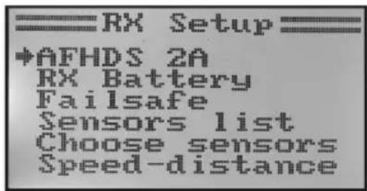 RX Setup +AFHDS 2A RX Battery Failsafe Sensors list Choose sensors Speed-distance