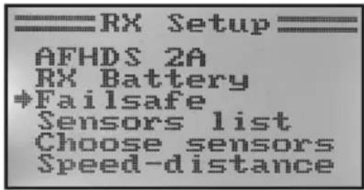 RX Setup AFHDS 2A RX Battery *Failsafe Sensors list Choose sensors Speed-distance