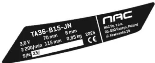 NAC TA72H-B15-JN - Inne oznaczenia na maszynie - 1