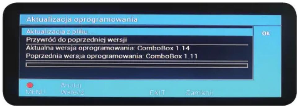 Aktualizacja oprogramowania Aktualizacja z pliku... Przywróć do poprzedniej wersji Aktualna wersja oprogramowania: ComboBox 1.14 Poprzednia wersja oprogramowania: ComboBox 1.11 MENI: Anuluj Wstecz EXIT Zamknij