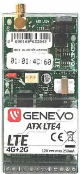 ATX LTE4 000168 623042 LTE: 861881651455390 01:01:4C:60 GENEVO LTE GENEVO ATX LTE4 LTE 4G+2G CE 12V max 250mA