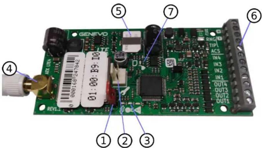 GENEVO LTE 000168/247842 01:00: B9: D0 REV1.1 ① ② ③ ④ ⑤ ⑦ ⑥ RNG TIPI ACS IN4 IN3 IN2 IN1 OUT4 OUT3 OUT2 OUT1