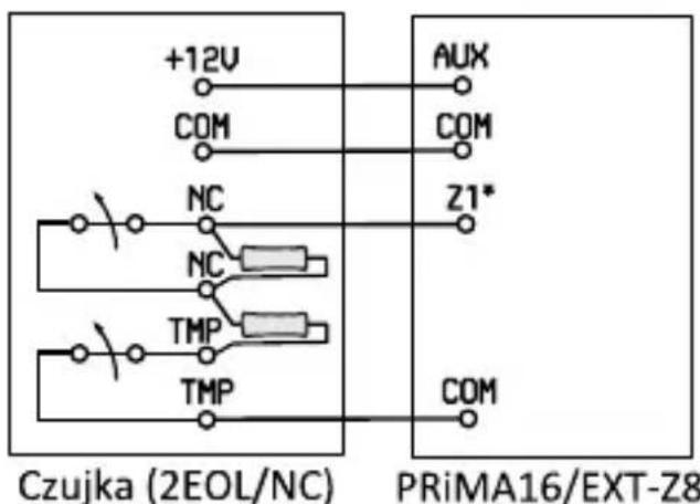 +12V COM NC NC TMP TMP Czujka (2EOL/NC) AUX COM Z1* COM PRiMA16/EXT-Z8