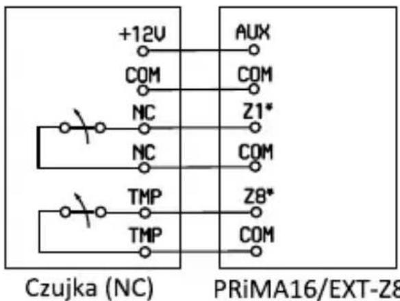 +12V COM NC NC TMP TMP AUX COM Z1* COM Z8* COM Czujka (NC) PRiMA16/EXT-Z8