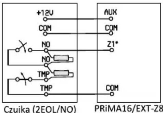 +12V COM NO NO TMP TMP Czujka (2EOL/NO) AUX COM Z1* PRiMA16/EXT-Z8 COM