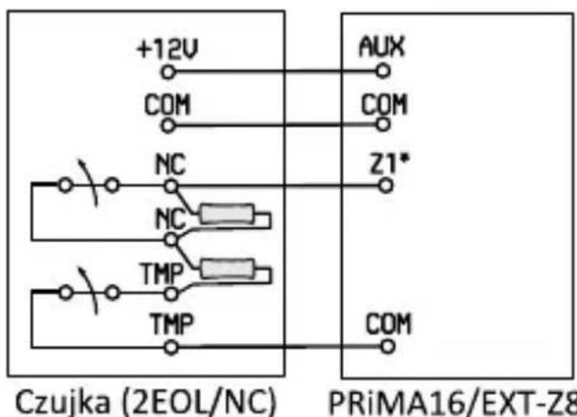 +12V COM NC NC TMP TMP Czujka (2EOL/NC) AUX COM Z1* COM PRiMA16/EXT-Z8