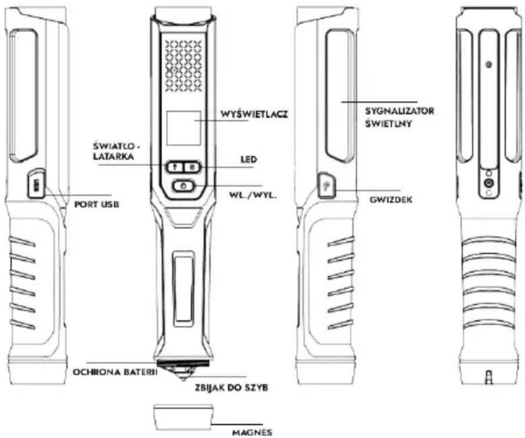 ŚWIATŁO - LATARKA PORT USB WYŚWIETLACZ LED WL./WYL. SYGNALIZATOR ŚWIETLNY GWIZDEK OCHRONA BATERII ZBIJAK DO SZYB MAGNES