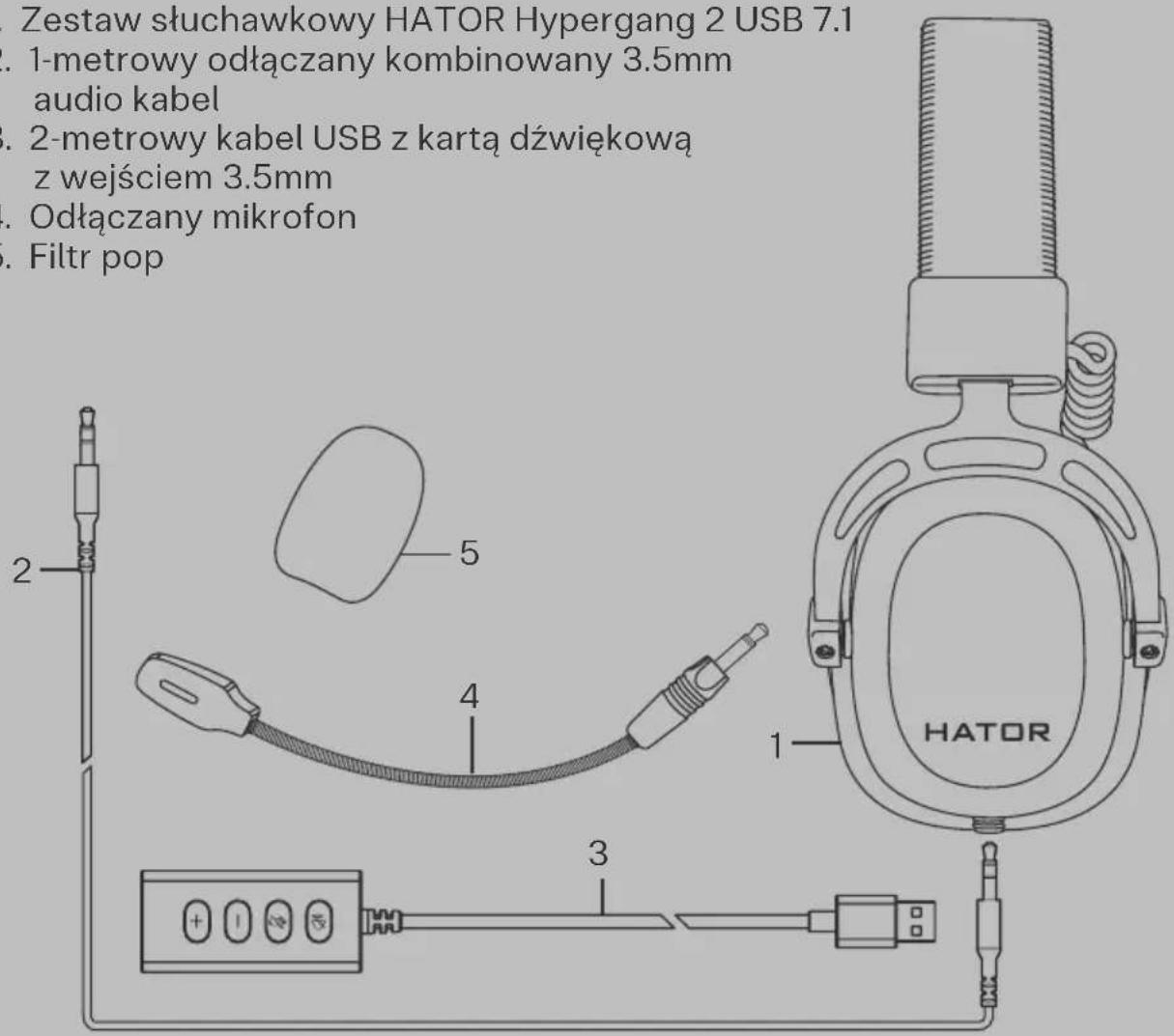 Zestaw słuchawkowy HATOR Hypergang 2 USB 7.1 1-metrowy odłączany kombinowany 3.5mm audio kabel 2-metrowy kabel USB z kartą dźwiękową z wejściem 3.5mm Odłączany mikrofon Filtr pop