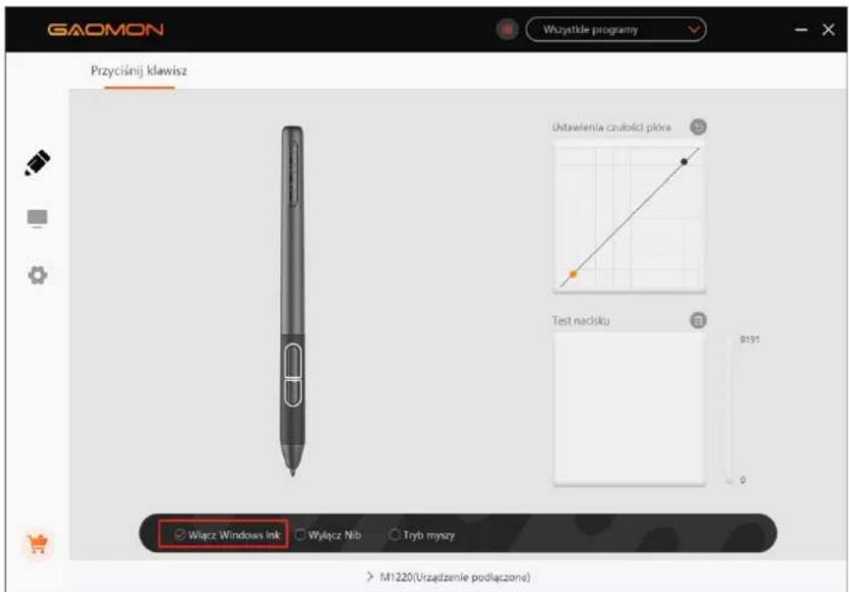 GAOMON Przyciśnij klawisz Wzyntdle programy Ustawienia czutości pilora Test nadsku Wiącz Windows Ink Wiącz Nib Tryb myszy M1220(Urzadzenie podłączone)