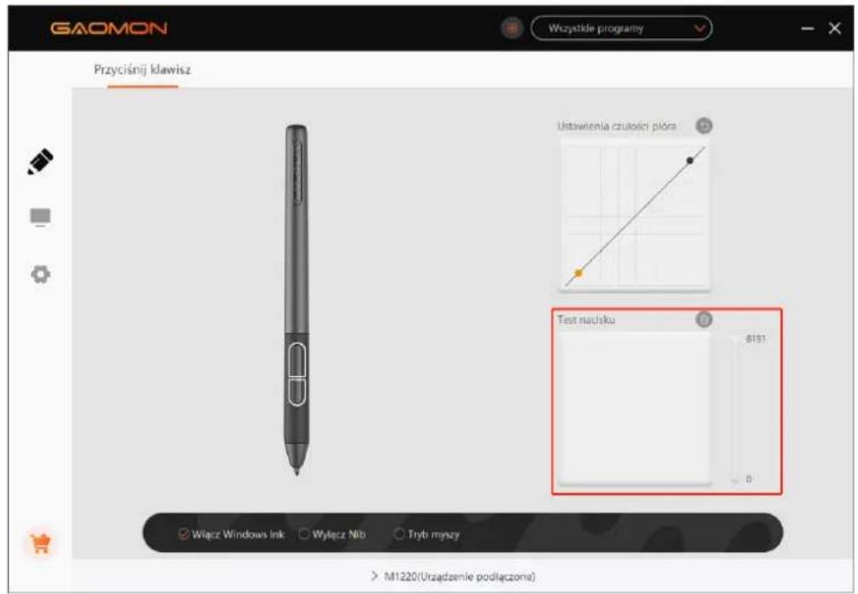 GAOMON Przyciśnij klawisz Wzystkie programy Ustawienia czȩłości plóra Test nachisku B151 Włącz Windows Ink Włączy Nib Tryb mynzy M1220(Urzadzeme podlączona)